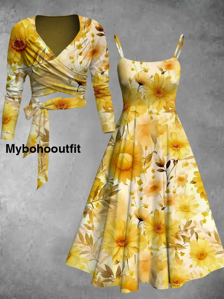 Vintage Floral Print V-Neck Elegant Chic Midi Two-Piece Long Sleeve Dress A / S