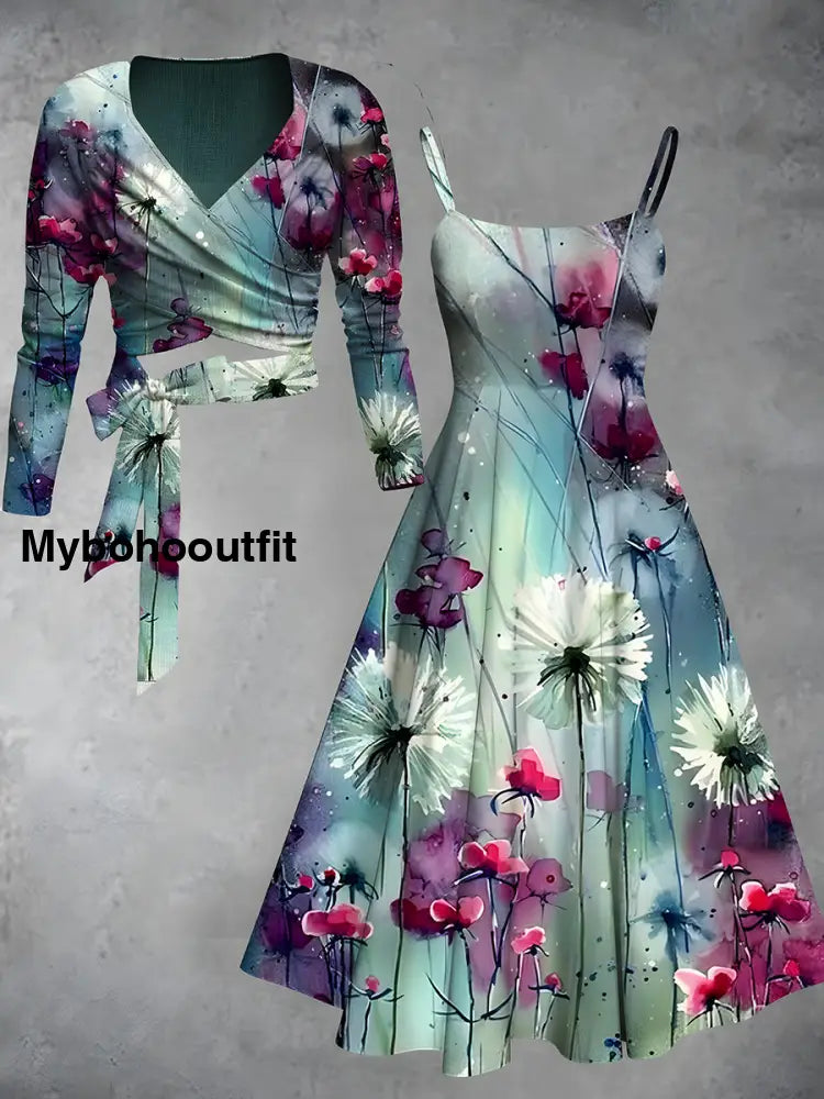 Vintage Floral Print V-Neck Elegant Chic Midi Two-Piece Long Sleeve Dress A / S