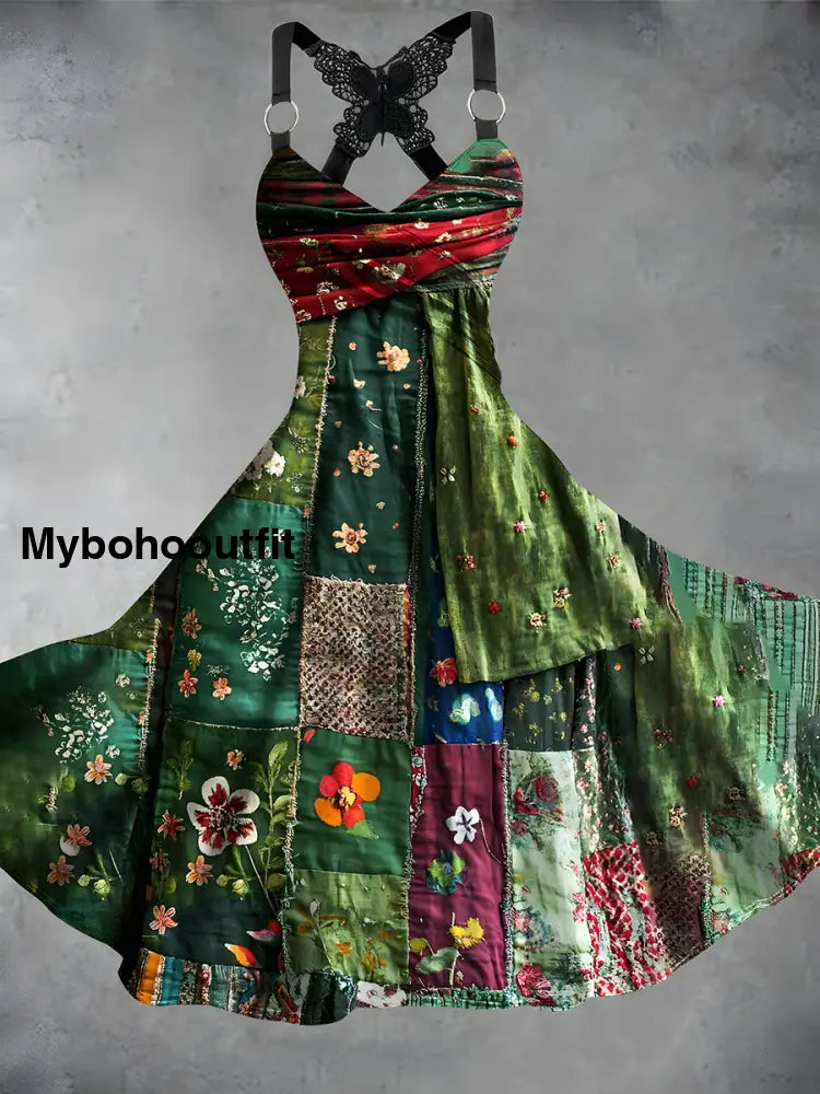 Vintage Floral Print V Neck Loose Short Sleeve Midi Dress A / S