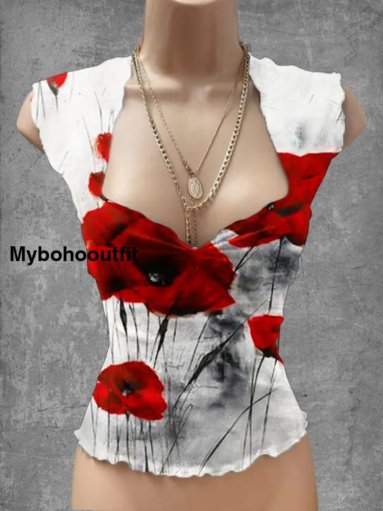 Vintage Memorial Day Poppy Art Print V-Neck Casual Top A / S