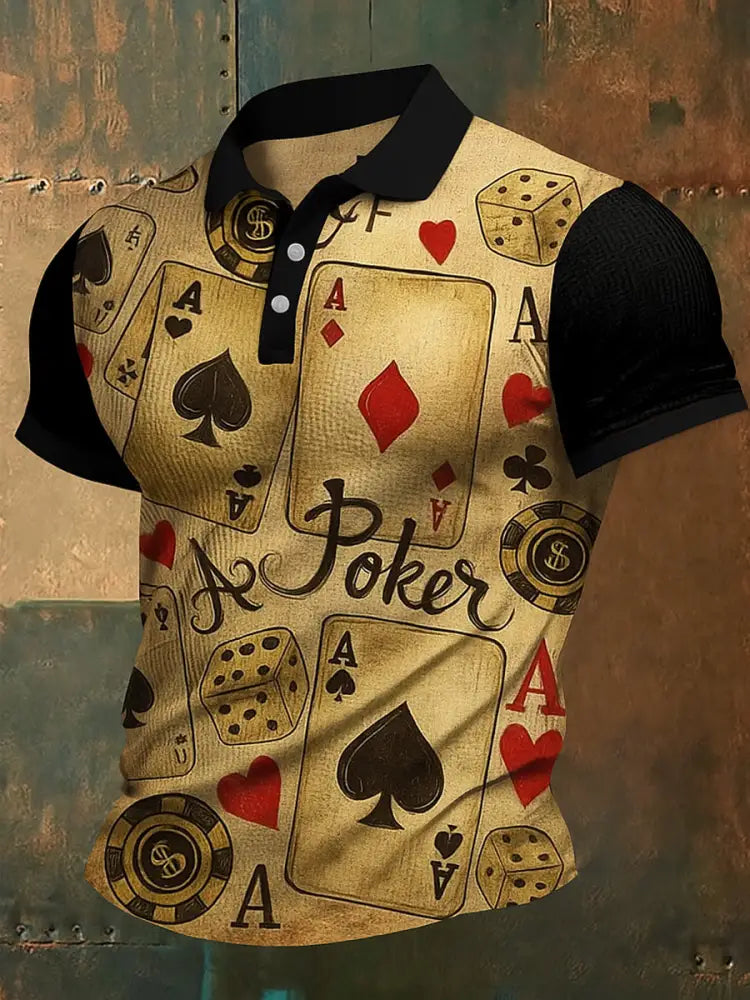 Vintage Poker Printed Waffle Texture Athletic V-Neck Short Sleeves Polo Shirt A / S