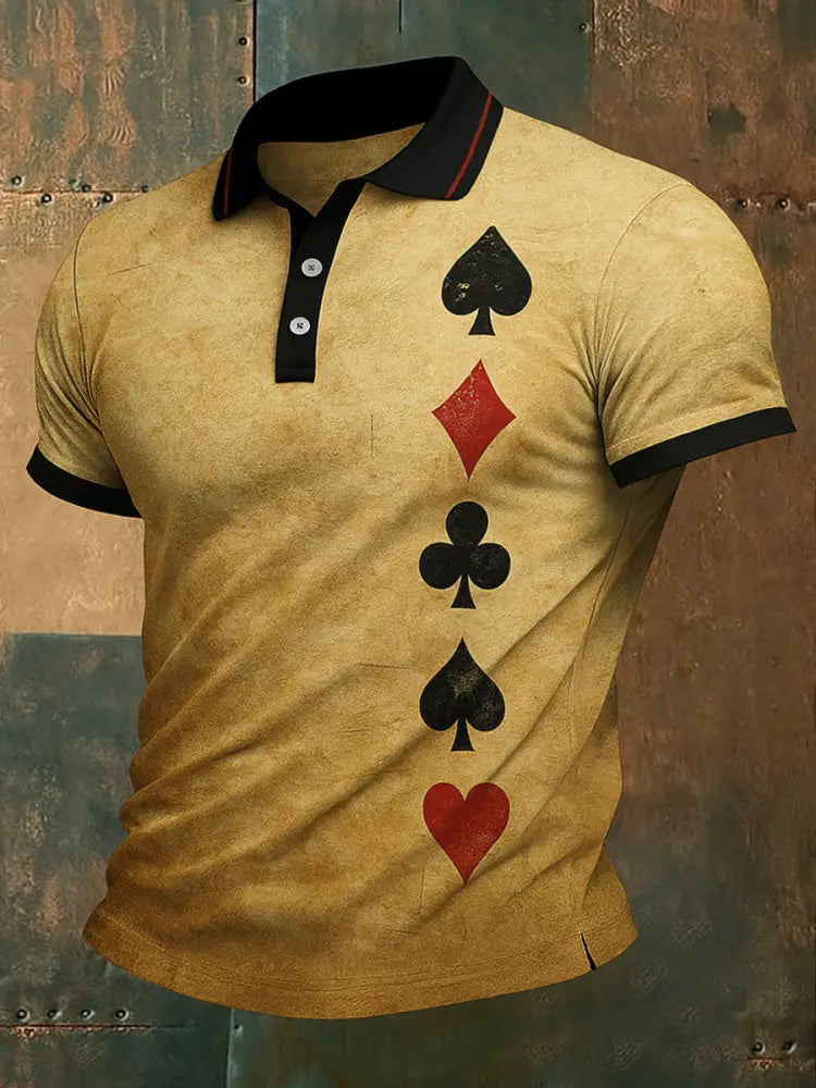 Vintage Poker Printed Waffle Texture Athletic V-Neck Short Sleeves Polo Shirt A / S