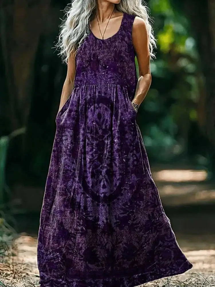 Vintage Round Neck Bohemian Ethnic Floral Print Elegant Chic Sleeveless Loose Midi Dress A / S