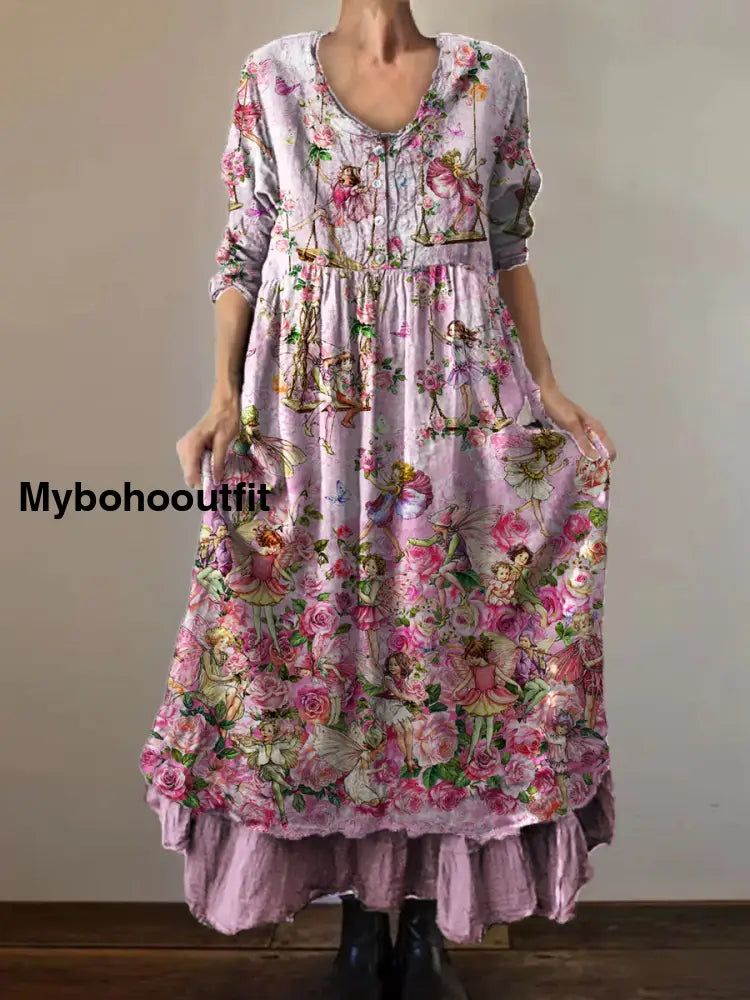 Vintage Round Neck Bohemian Floral Print Elegant Chic Loose Midi Dress A / S