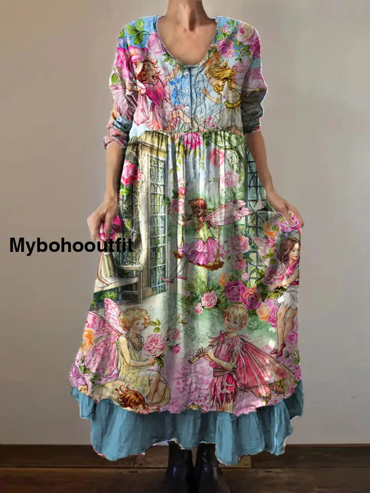 Vintage Round Neck Bohemian Floral Print Elegant Chic Loose Midi Dress A / S