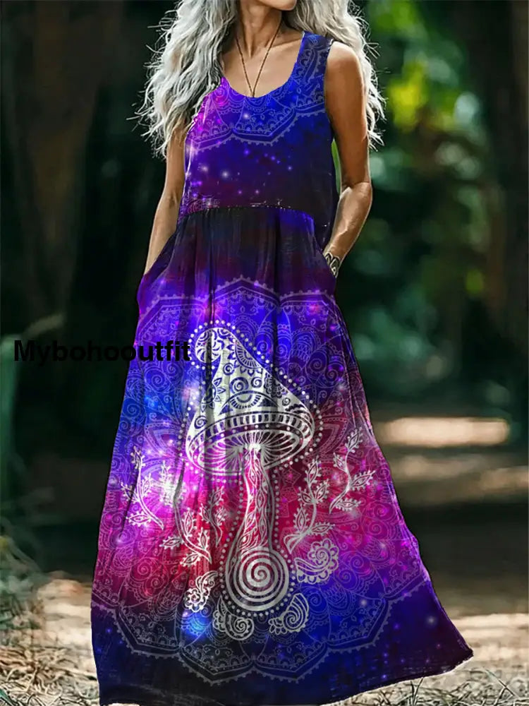 Vintage Round Neck Bohemian Hippie Mushroom Floral Print Elegant Chic Sleeveless Loose Midi Dress A / S