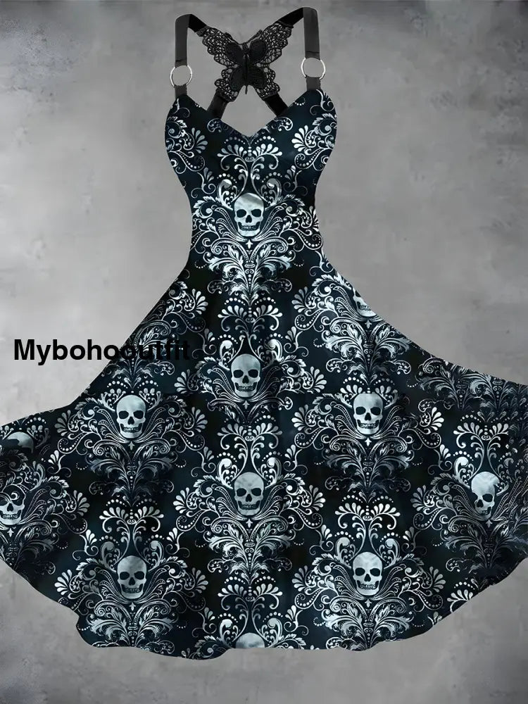 Vintage Skull Print V Neck Loose Short Sleeve Midi Dress A / S