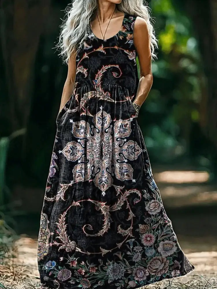 Vintage V-neck Bohemian Art Print Elegant Chic Loose Midi Dress A / S