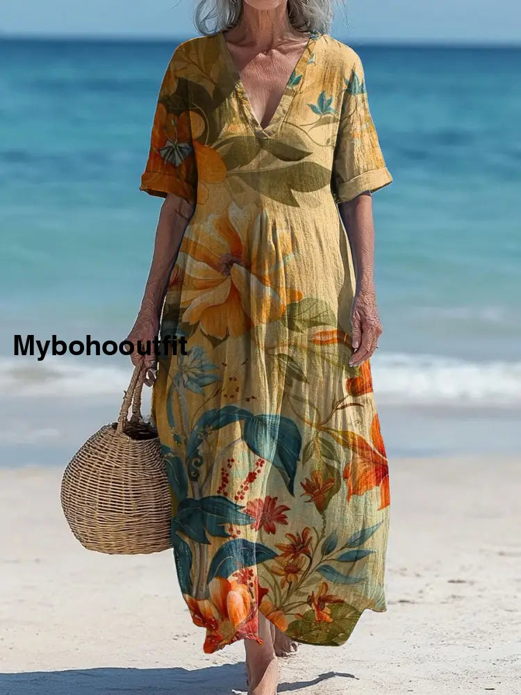 Vintage V-neck Bohemian Floral Print Elegant Chic Loose Midi Dress A / S
