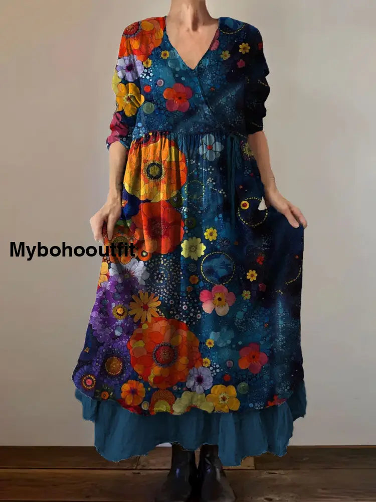 Vintage V-neck Bohemian Floral Print Elegant Chic Loose Midi Dress A / S