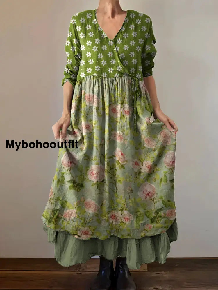 Vintage V-Neck Bohemian Floral Print Elegant Chic Loose Midi Dress A / S