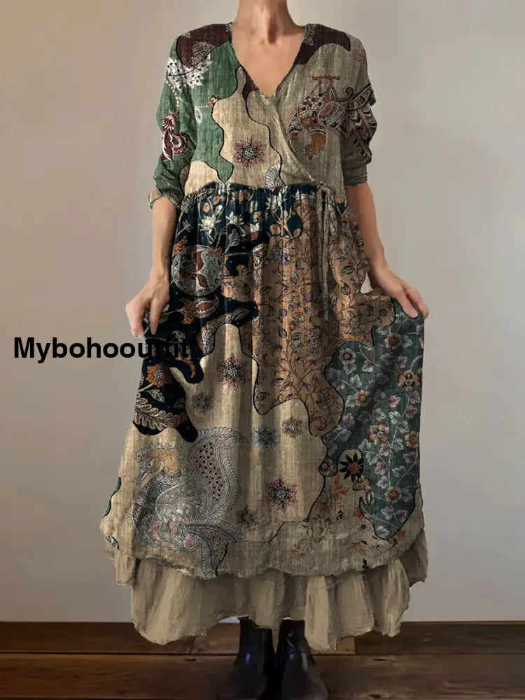 Vintage V-Neck Bohemian Floral Print Elegant Chic Loose Midi Dress A / S