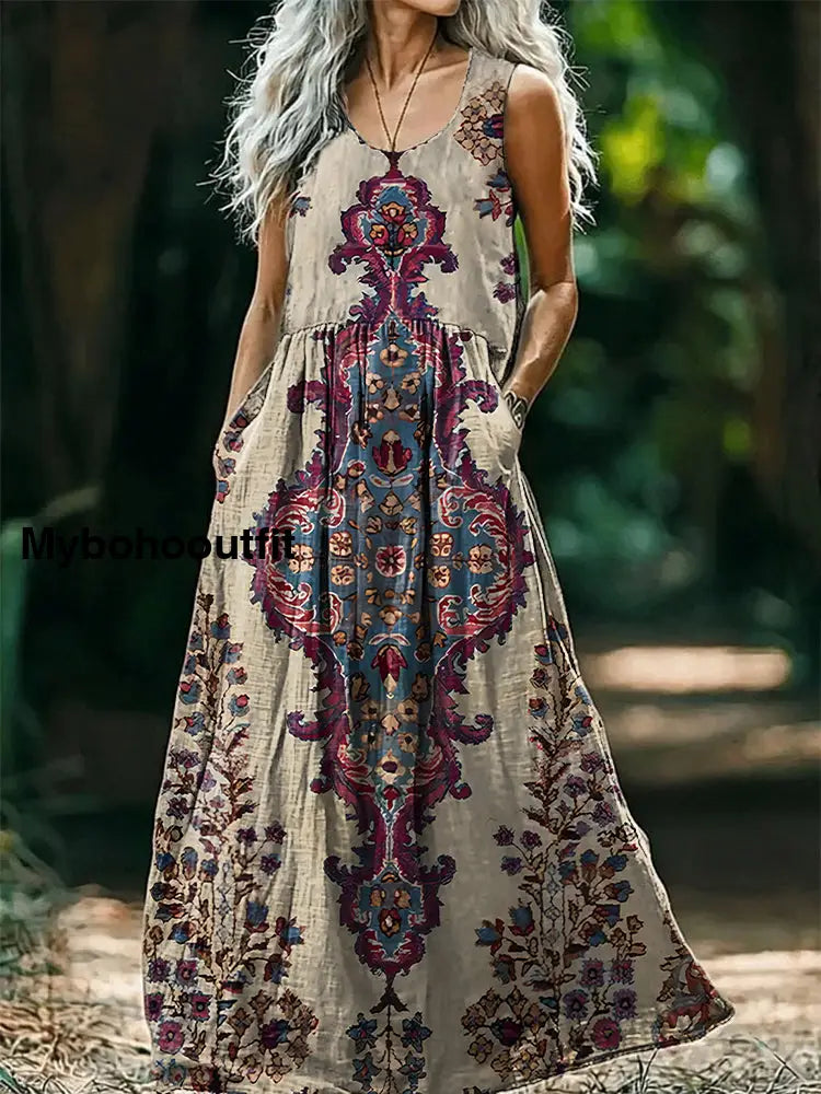 Vintage V-neck Bohemian Floral Print Elegant Chic Loose Midi Dress A / S