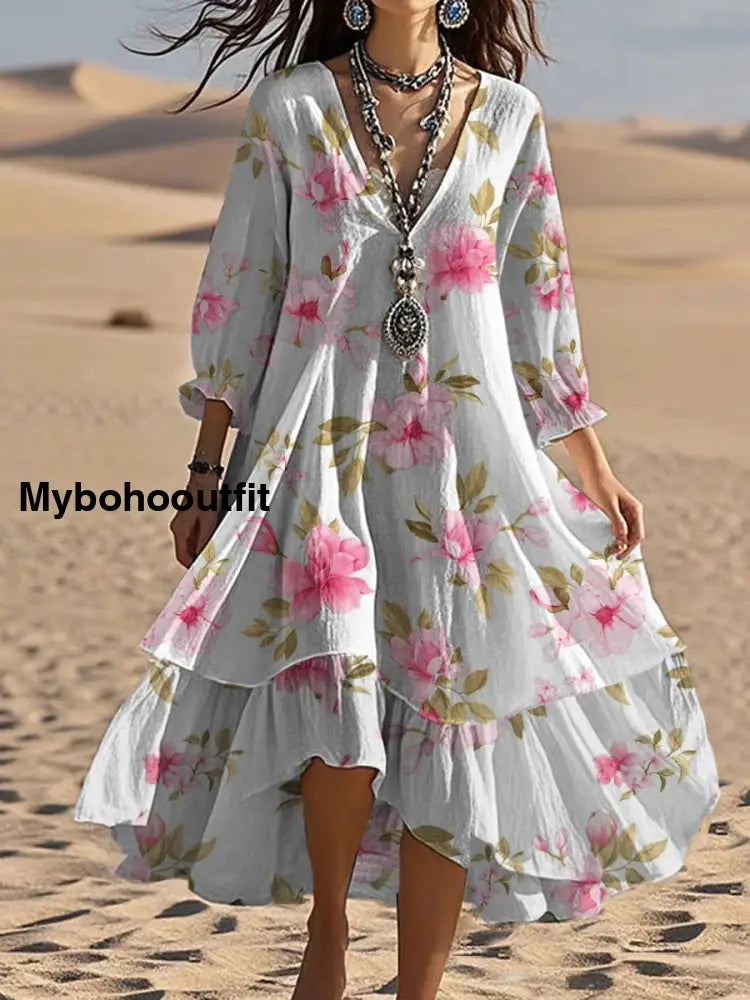 Vintage V-neck Bohemian Floral Print Elegant Chic Loose Midi Dress A / S