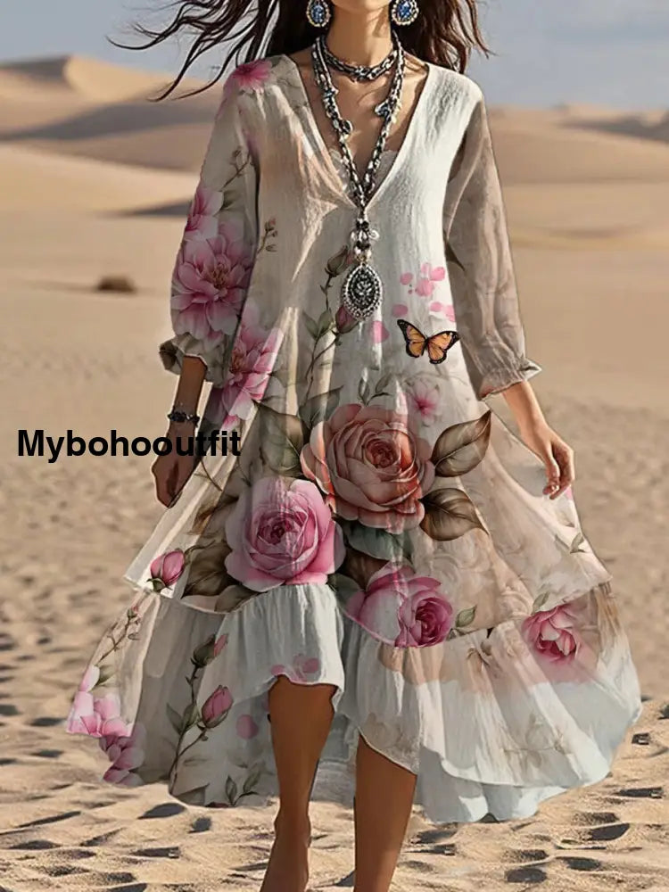 Vintage V-neck Bohemian Floral Print Elegant Chic Loose Midi Dress A / S