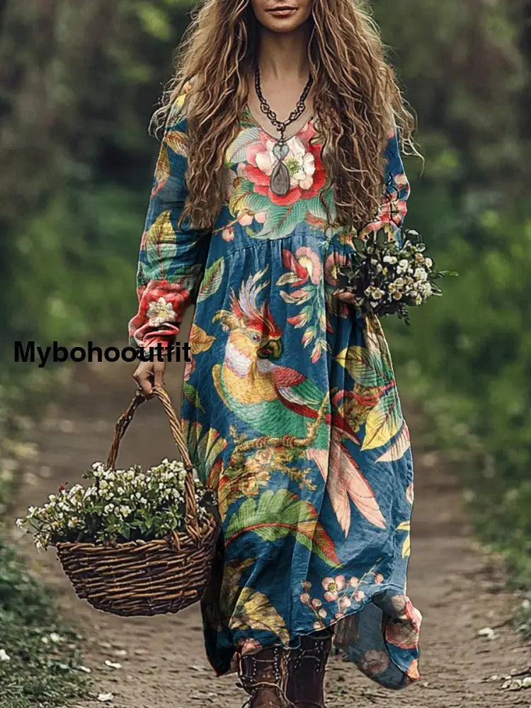 Vintage V-neck Bohemian Floral Print Elegant Chic Loose Midi Dress A / S