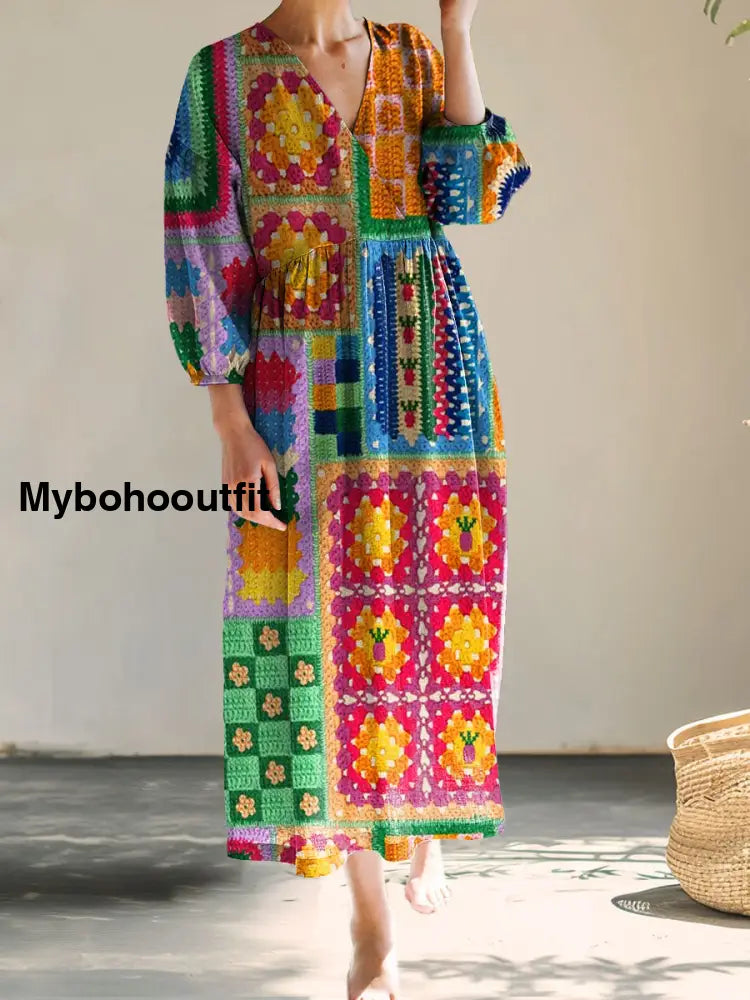 Vintage V-neck Bohemian Floral Print Elegant Chic Loose Midi Dress A / S