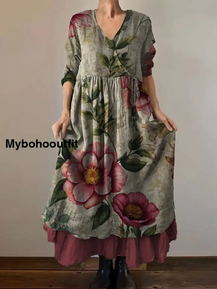 Vintage V-neck Bohemian Floral Print Elegant Chic Loose Midi Dress A / S