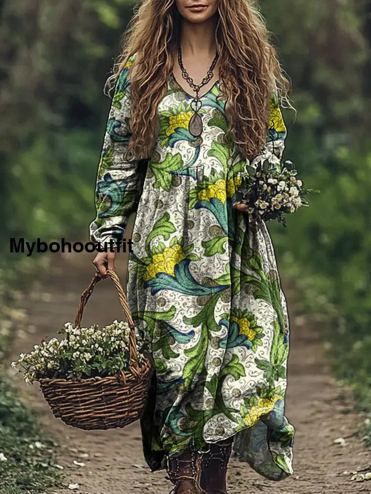 Vintage V-neck Bohemian Floral Print Elegant Chic Loose Midi Dress A / S