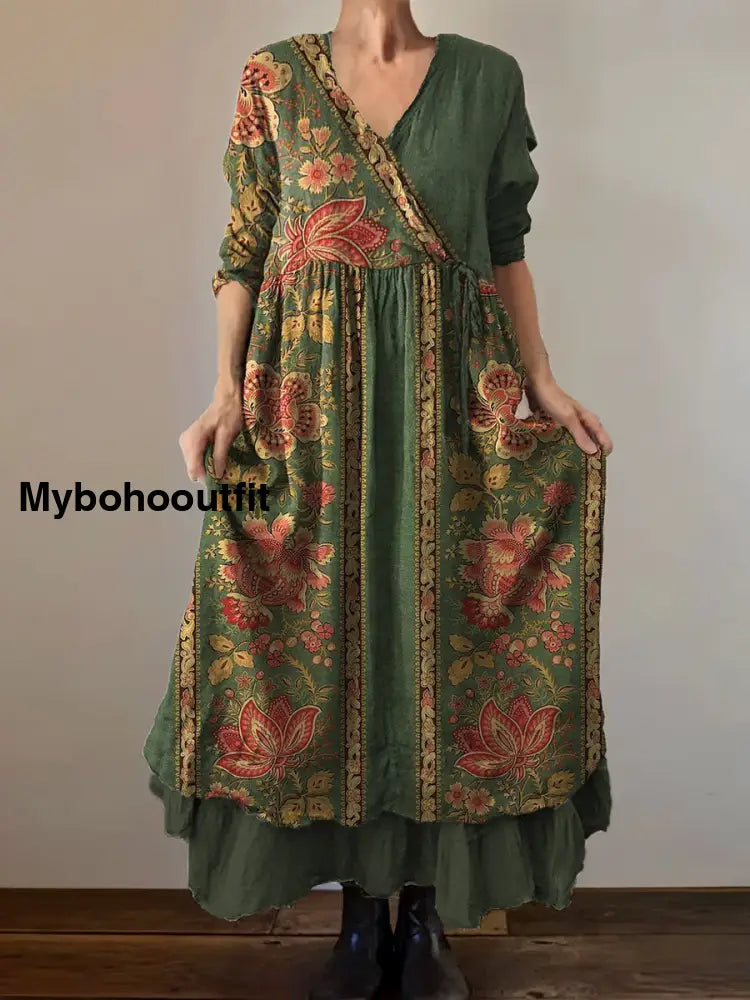 Vintage V-Neck Floral Art Print Elegant And Chic Loose Midi Dress A / S