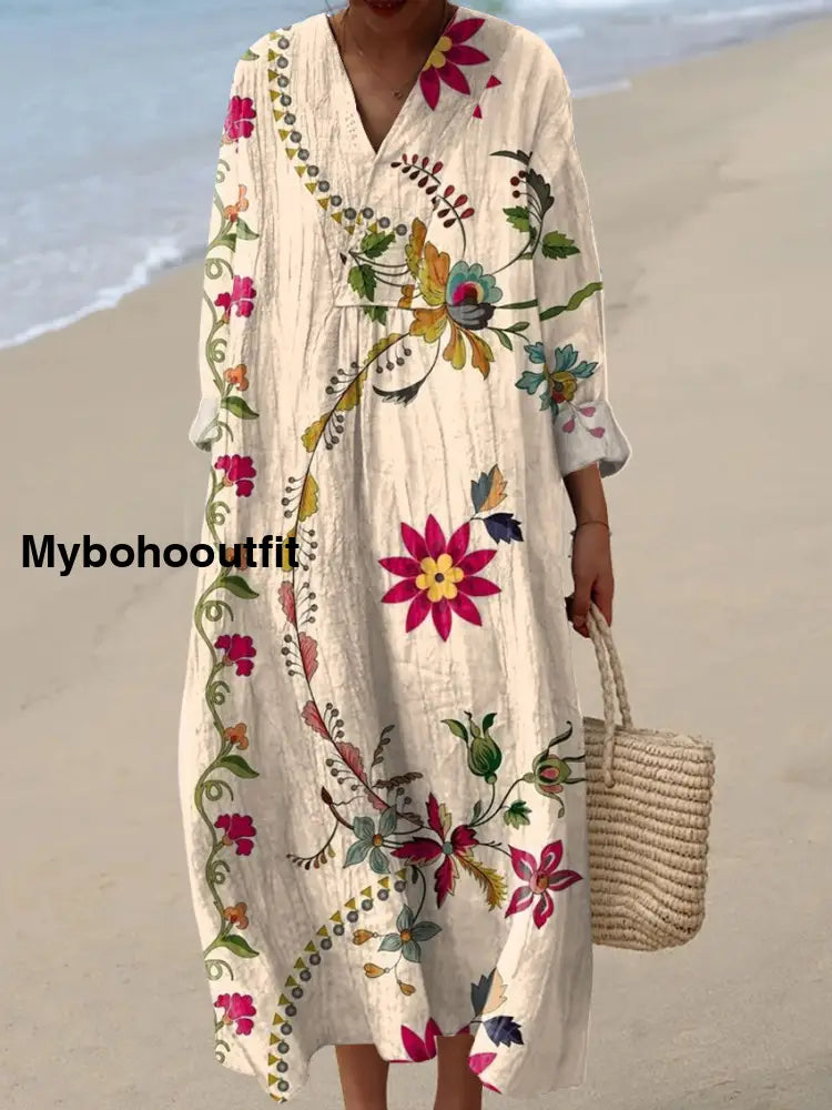 Vintage V-Neck Floral Art Print Elegant And Chic Loose Midi Dress A / S
