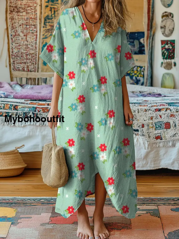 Vintage V-Neck Floral Art Print Elegant And Chic Loose Midi Dress A / S