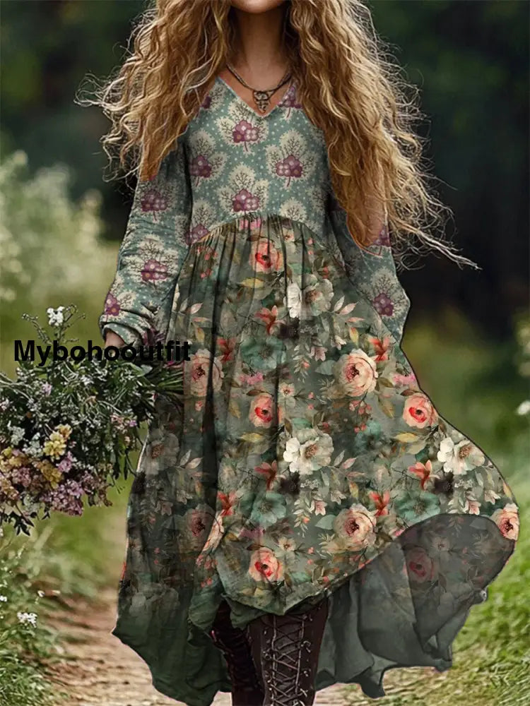 Vintage V-Neck Floral Art Print Elegant And Chic Loose Midi Dress A / S