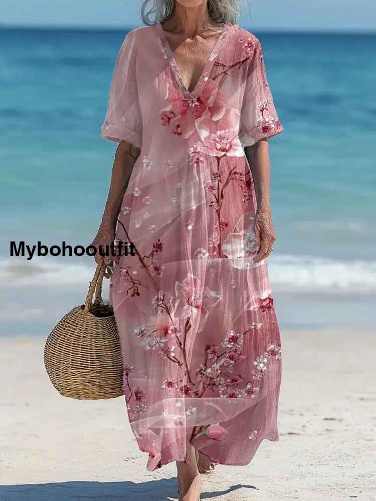 Vintage V-Neck Floral Art Print Elegant And Chic Loose Midi Dress A / S