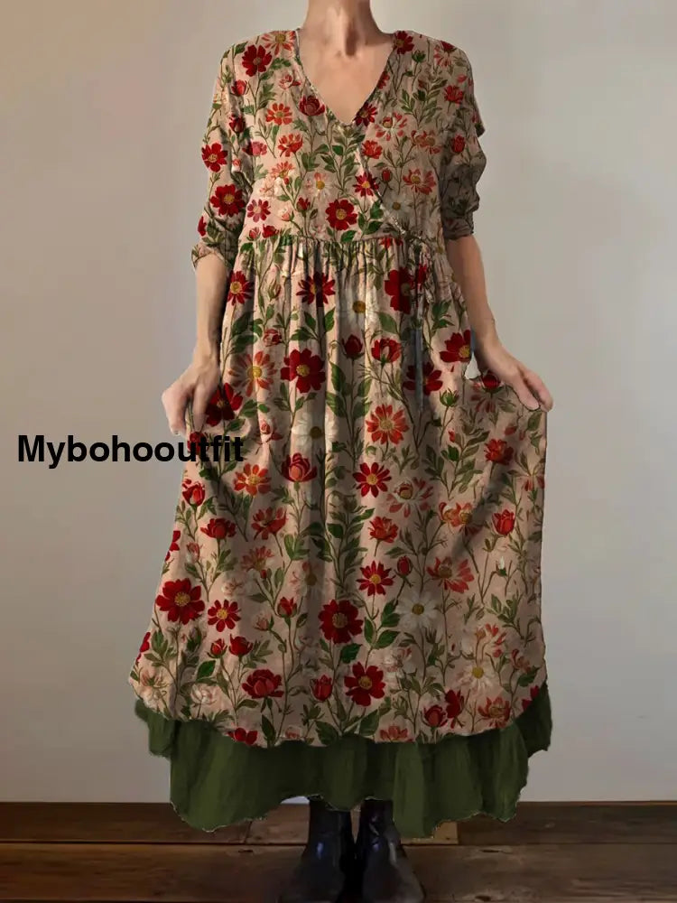Vintage V-Neck Floral Art Print Elegant And Chic Loose Midi Dress A / S