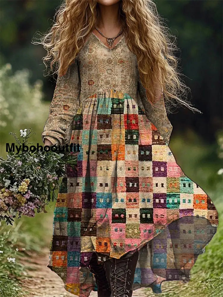 Vintage V-Neck Floral Art Print Elegant And Chic Loose Midi Dress A / S
