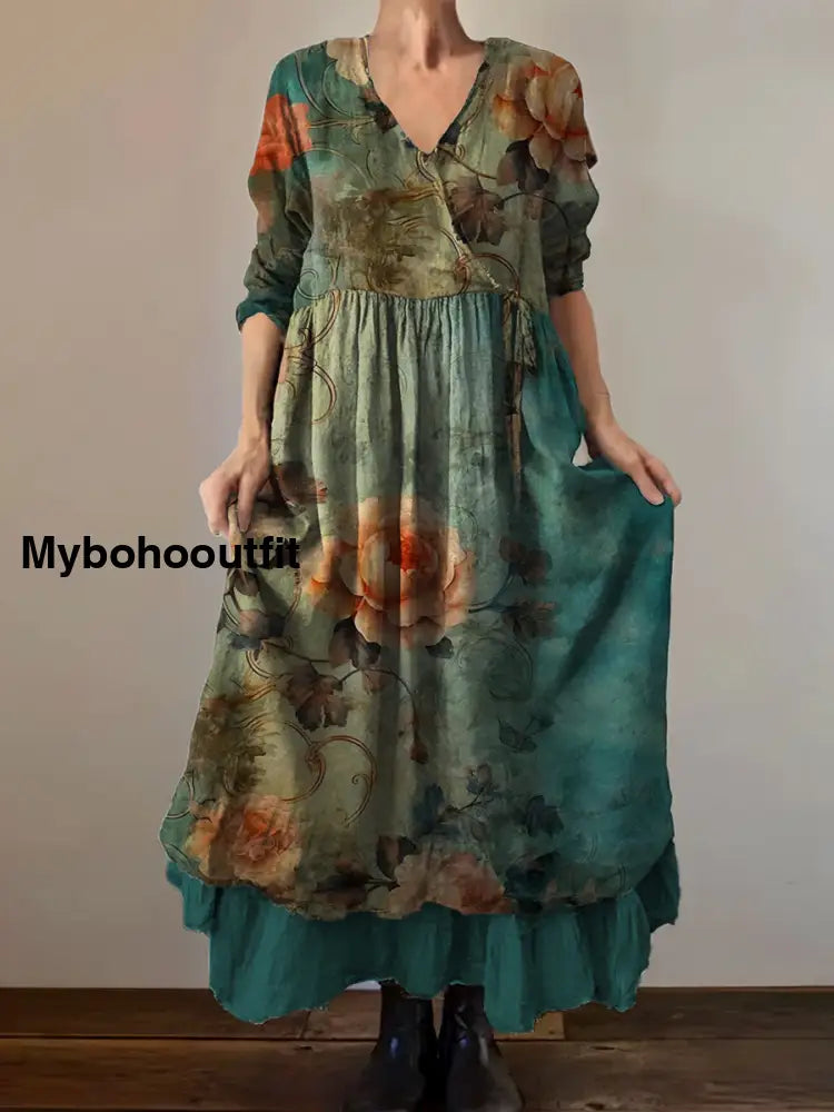 Vintage V-Neck Floral Art Print Elegant And Chic Loose Midi Dress A / S