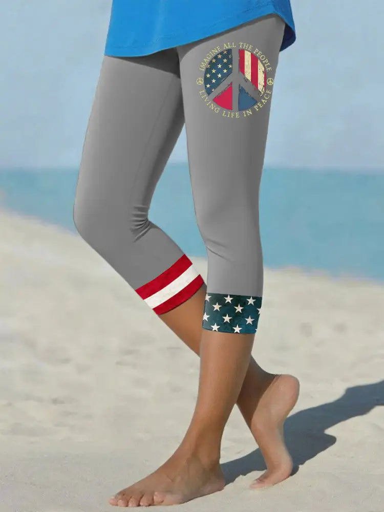 Women’s 8647 FDT Imagine Peace Printed Yoga Leggings Light Gray / S