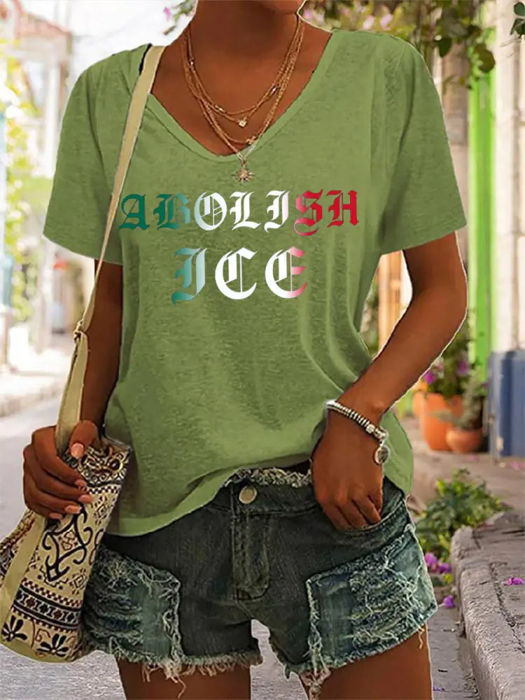 Women’s Abolish ICE V-Neck Tee Green / S
