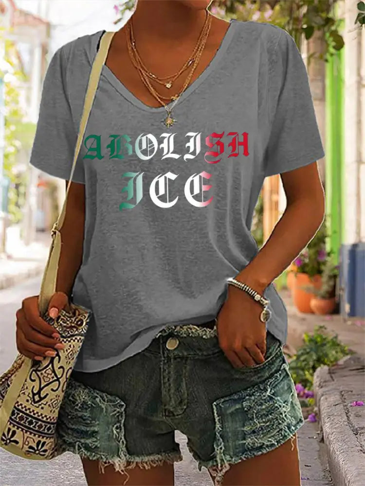 Women’s Abolish ICE V-Neck Tee Light Gray / S
