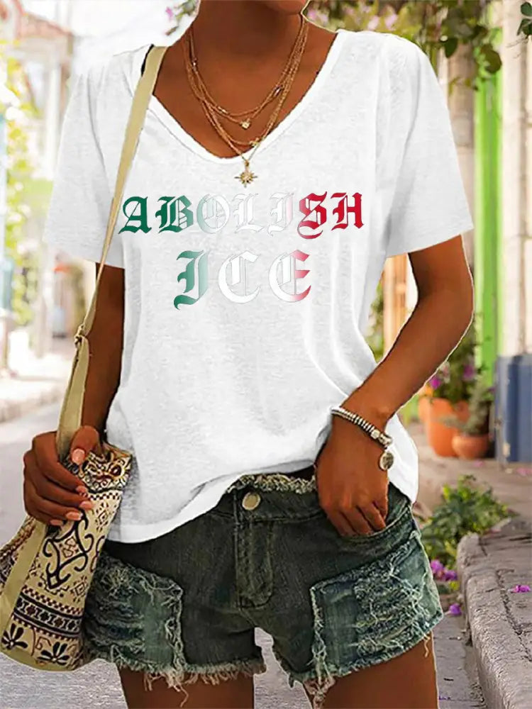 Women’s Abolish ICE V-Neck Tee White / S