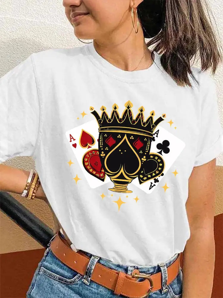 Women’s Ace of Spades & Hearts Printed Casual T-Shirt White / S
