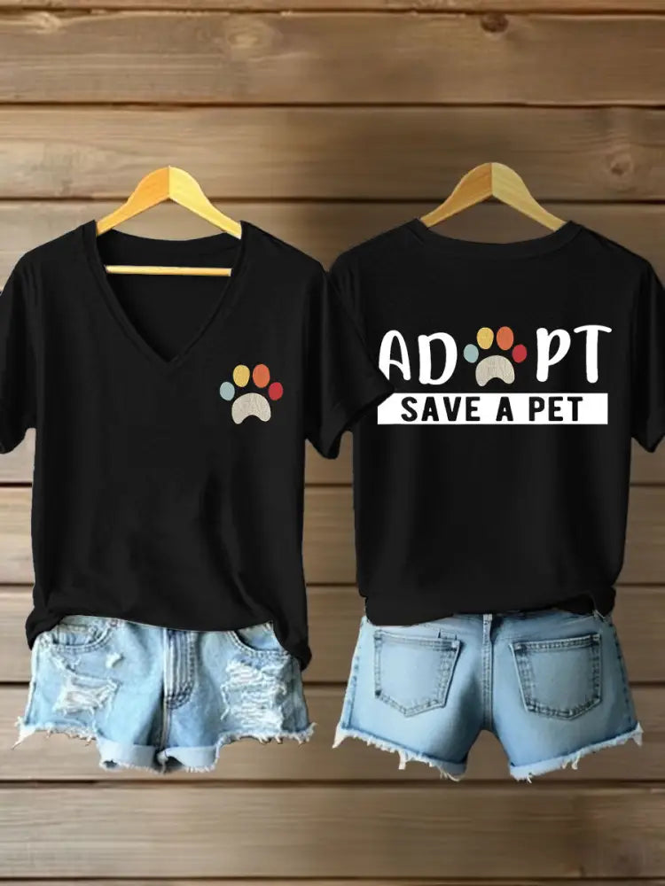 Women’s adopt save a pet V-neck T-shirts Black / S