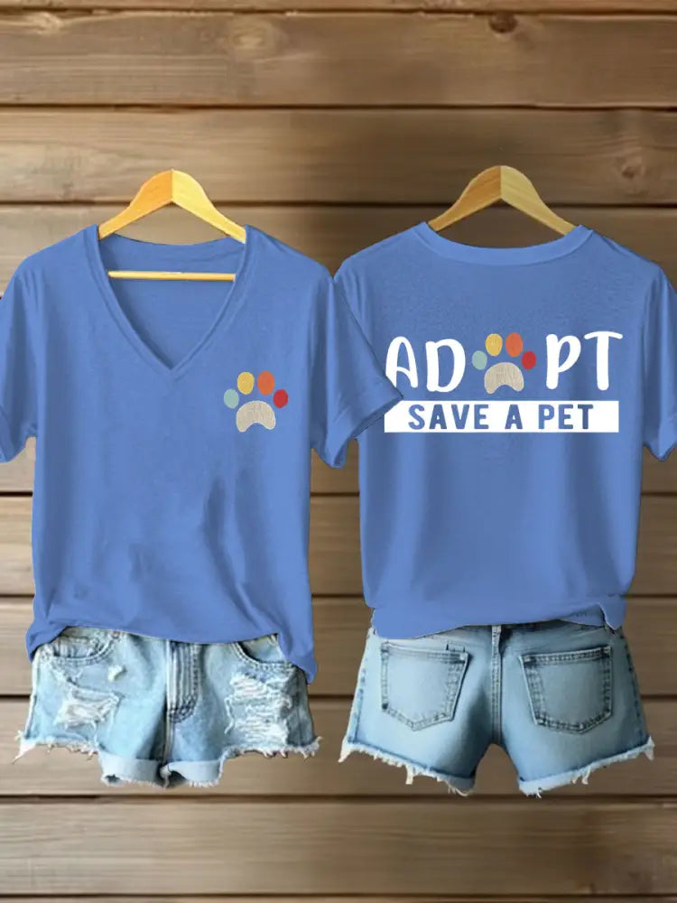 Women’s adopt save a pet V-neck T-shirts Light Blue / S