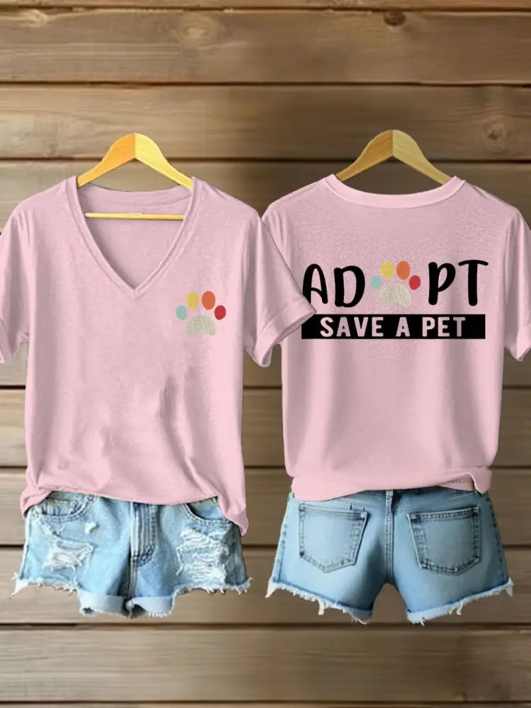 Women’s adopt save a pet V-neck T-shirts Light Pink / S