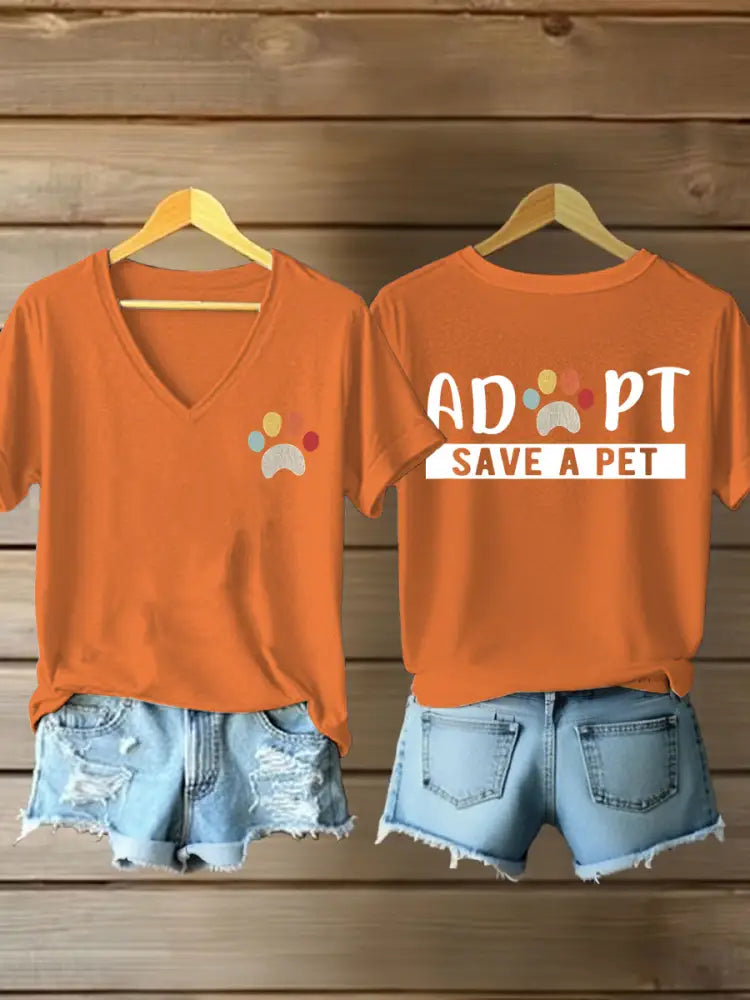 Women’s adopt save a pet V-neck T-shirts Orange / S