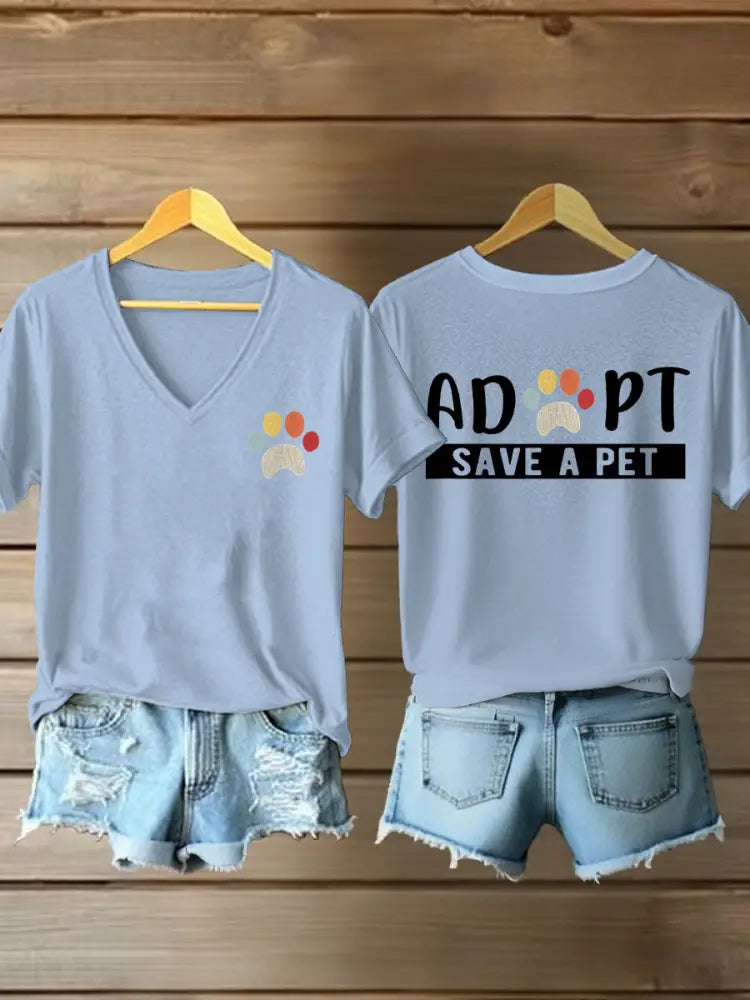 Women’s adopt save a pet V-neck T-shirts Sky Blue / S