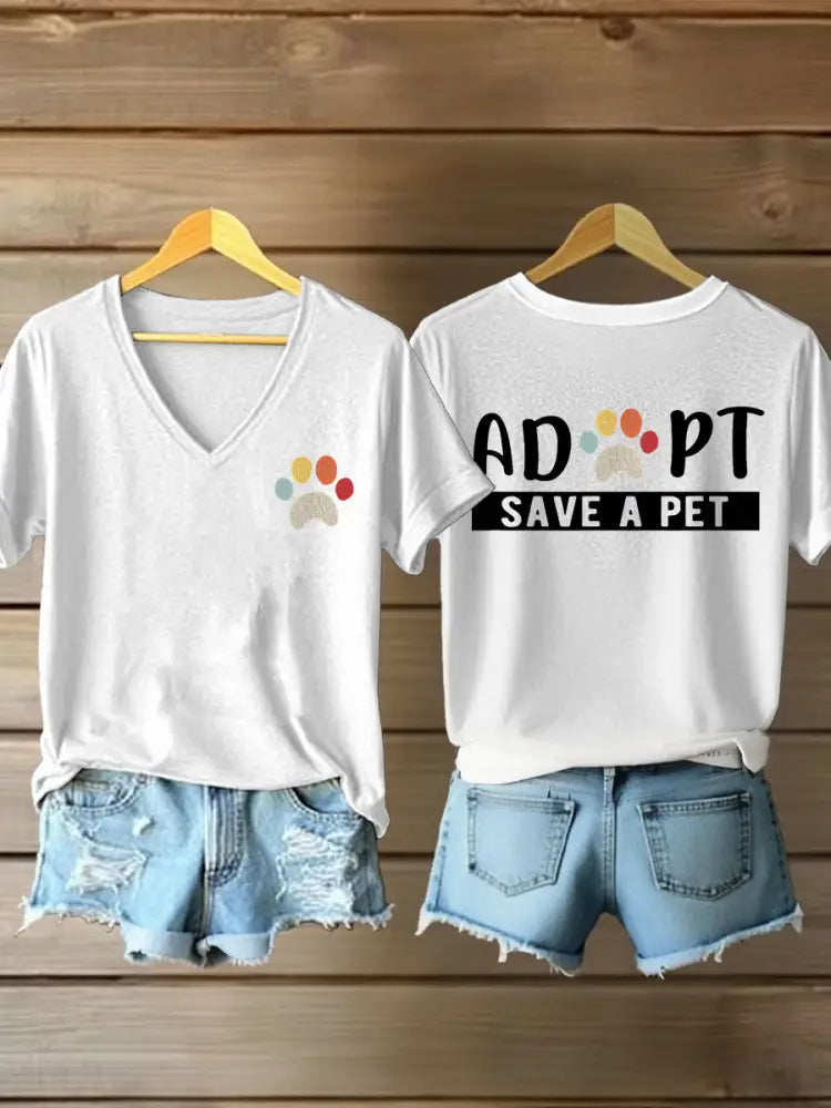 Women’s adopt save a pet V-neck T-shirts White / S