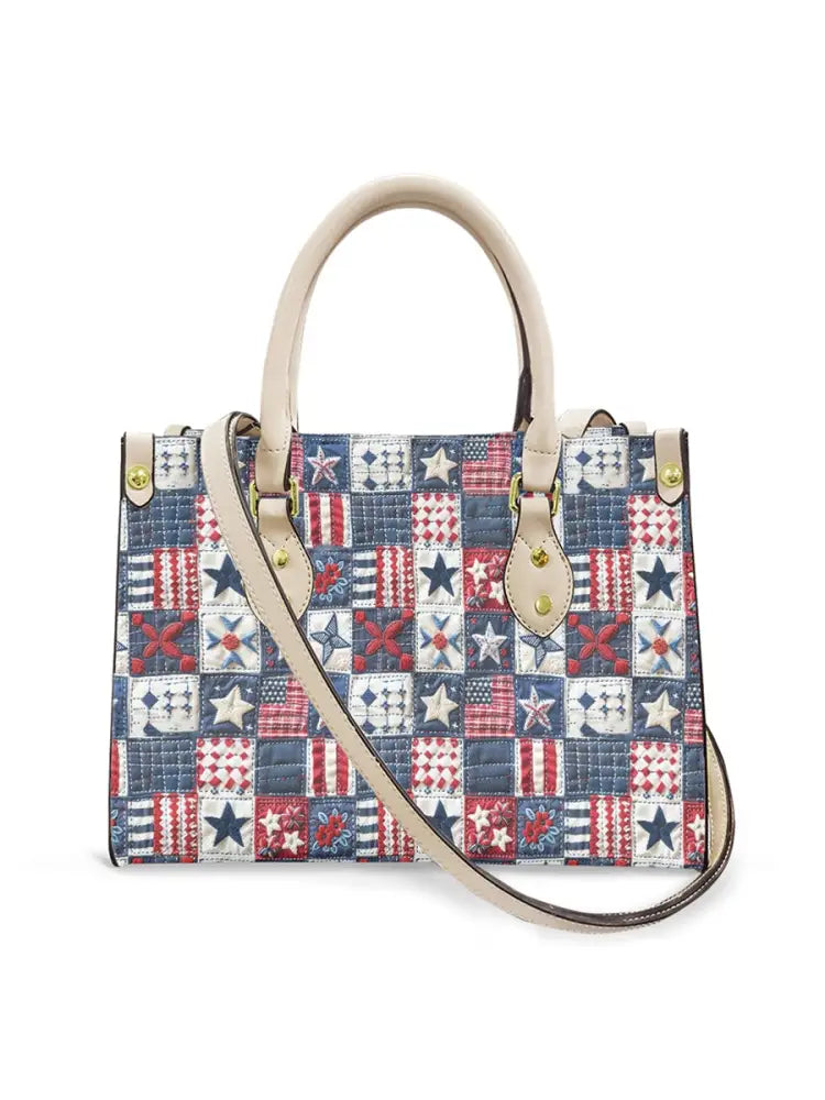 Womens American Flag Art Floral Leather Tote Shoulder Bag