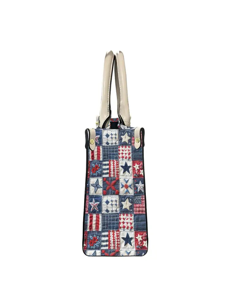 Womens American Flag Art Floral Leather Tote Shoulder Bag