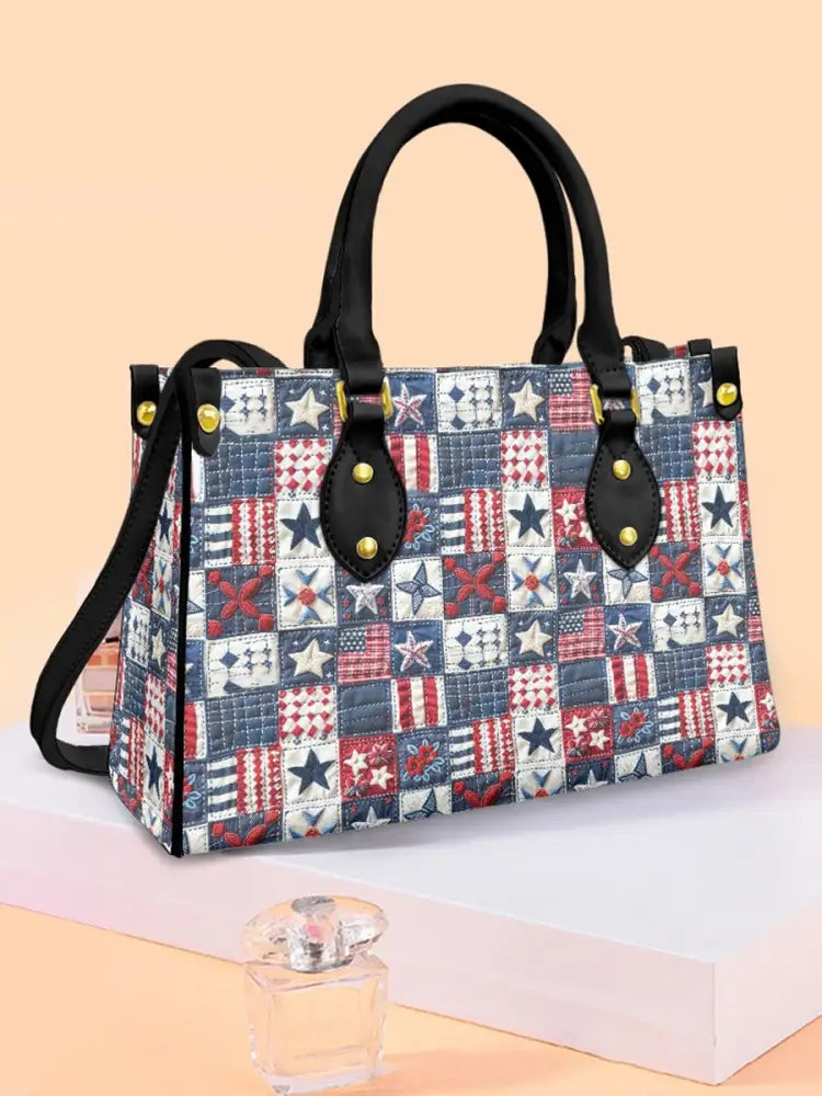 Womens American Flag Art Floral Leather Tote Shoulder Bag Black / JM
