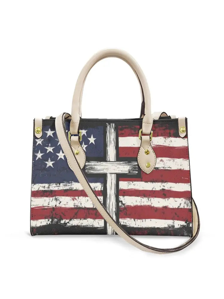 Women’s American Flag Cross Leather Tote Shoulder Bag