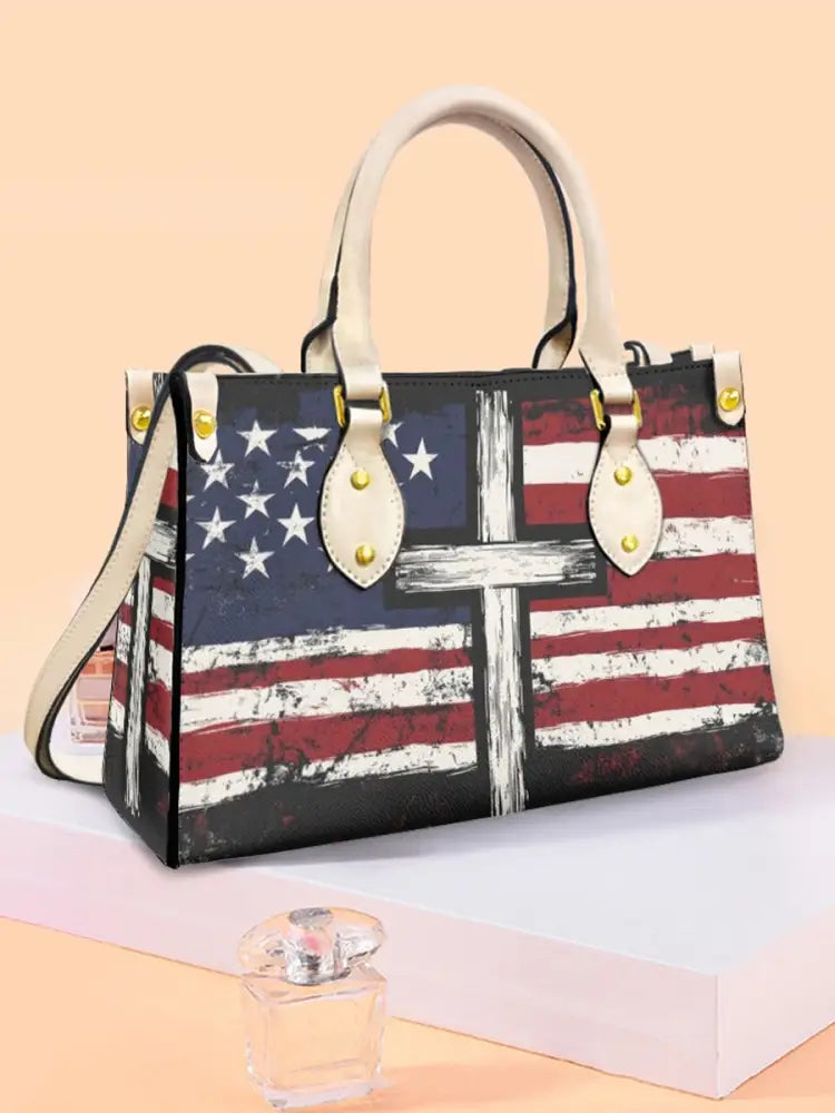 Women’s American Flag Cross Leather Tote Shoulder Bag Creamy-White / JM