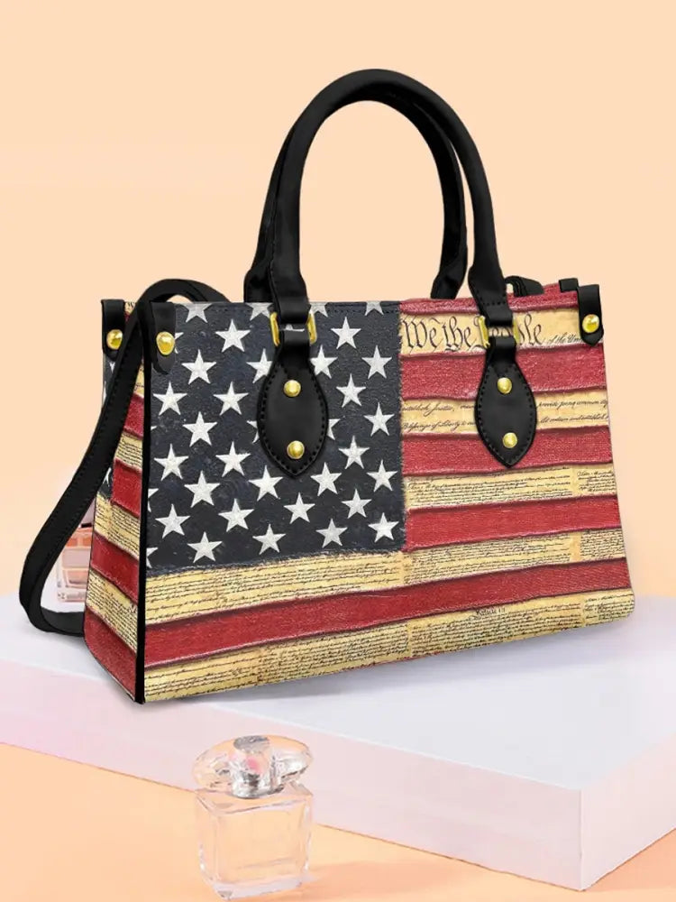 Women’s American Flag We The People Leather Tote Shoulder Bag Black / JM