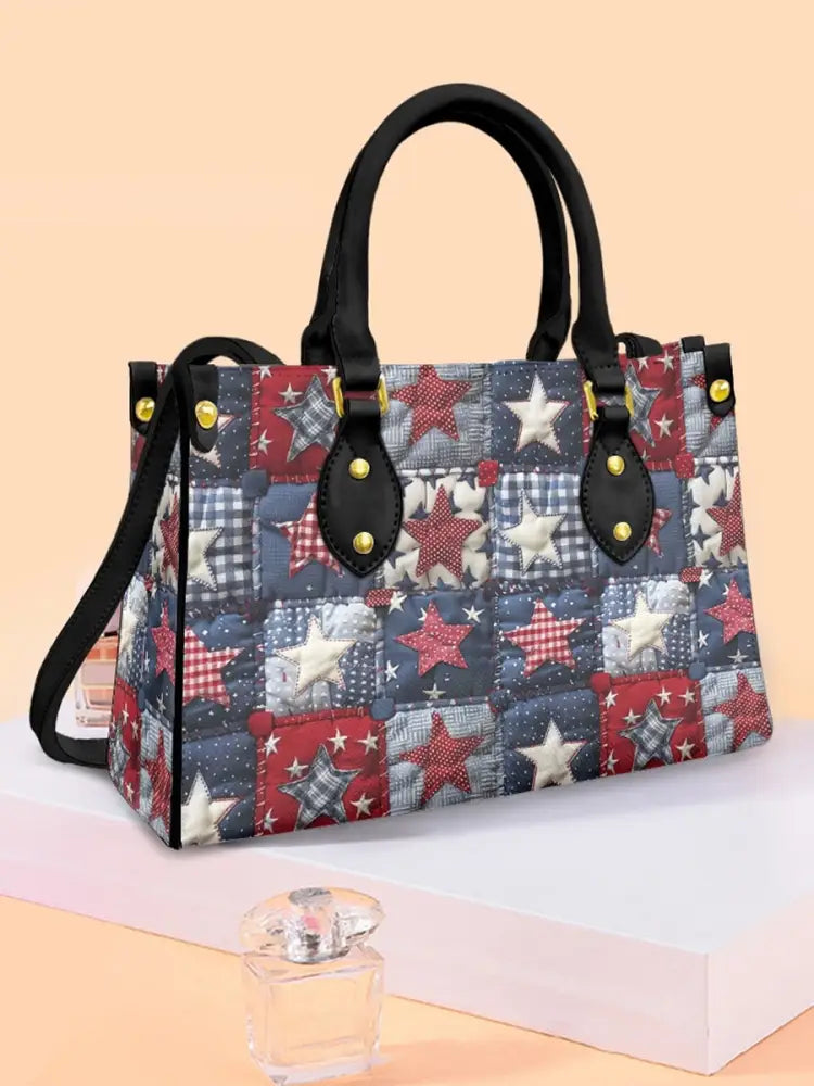 Women’s American Star Flag Art Leather Tote Shoulder Bag Black / JM