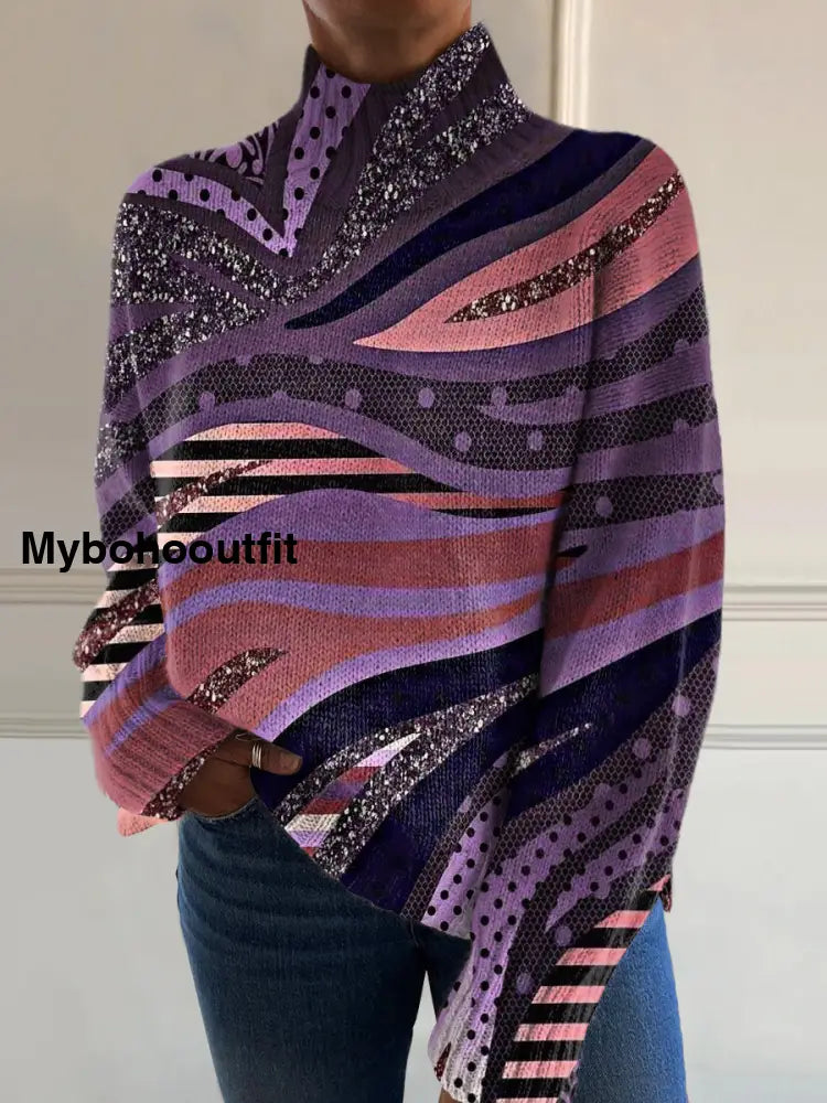 Women’s Art Print Chic V Neck Casual Sweater Pullover A / S
